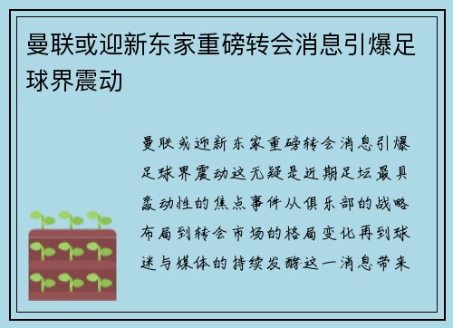 曼联或迎新东家重磅转会消息引爆足球界震动 曼联或迎新东家重磅转会消息引爆足球界震动
