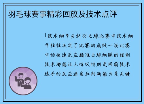 羽毛球赛事精彩回放及技术点评