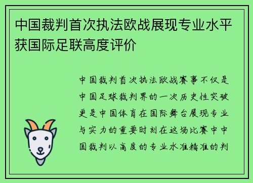 中国裁判首次执法欧战展现专业水平获国际足联高度评价 中国裁判首次执法欧战展现专业水平获国际足联高度评价